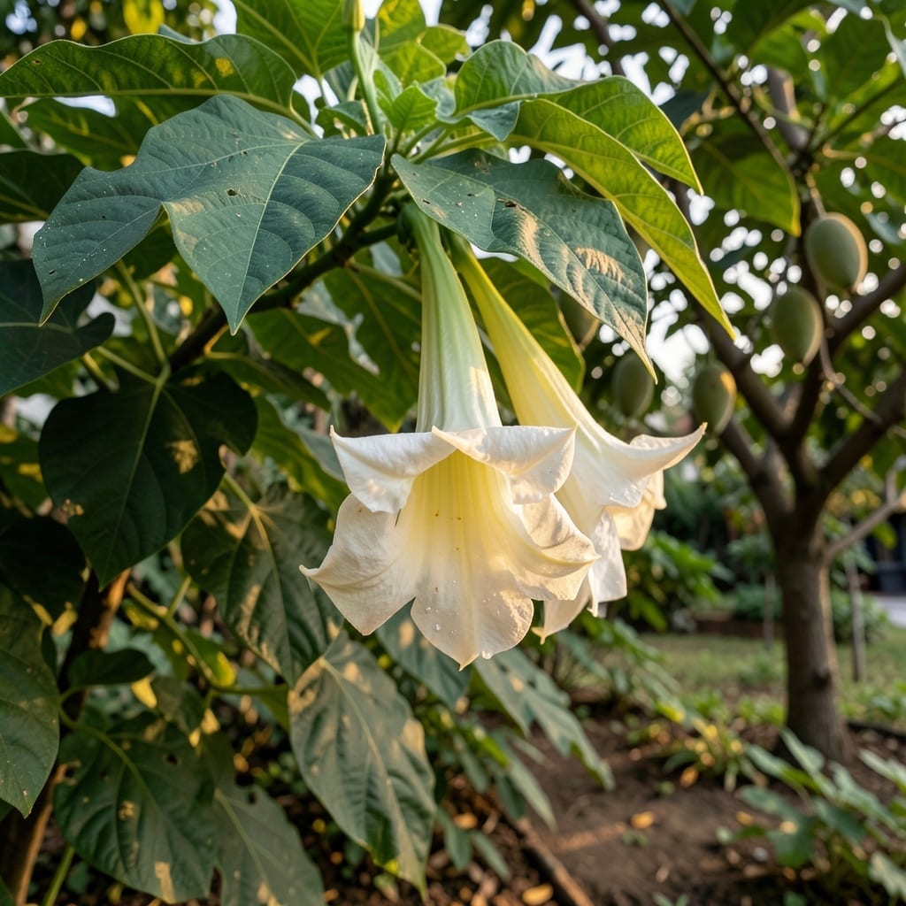 Angel Trumpet Close to Fruits