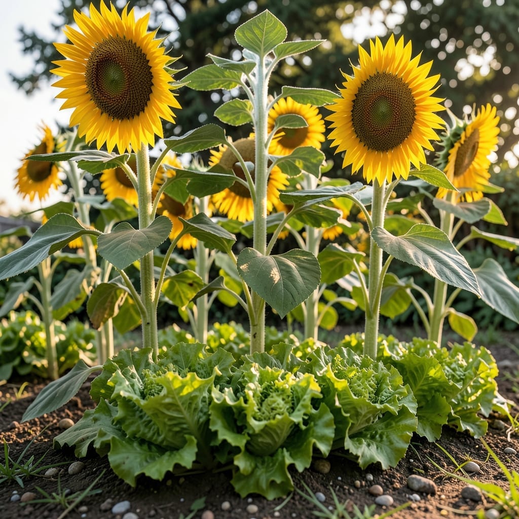 Lettuce Under Tall Sunflowers