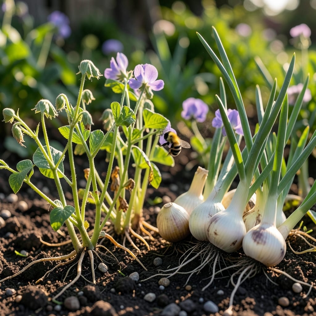 Garlic and peas in same bed