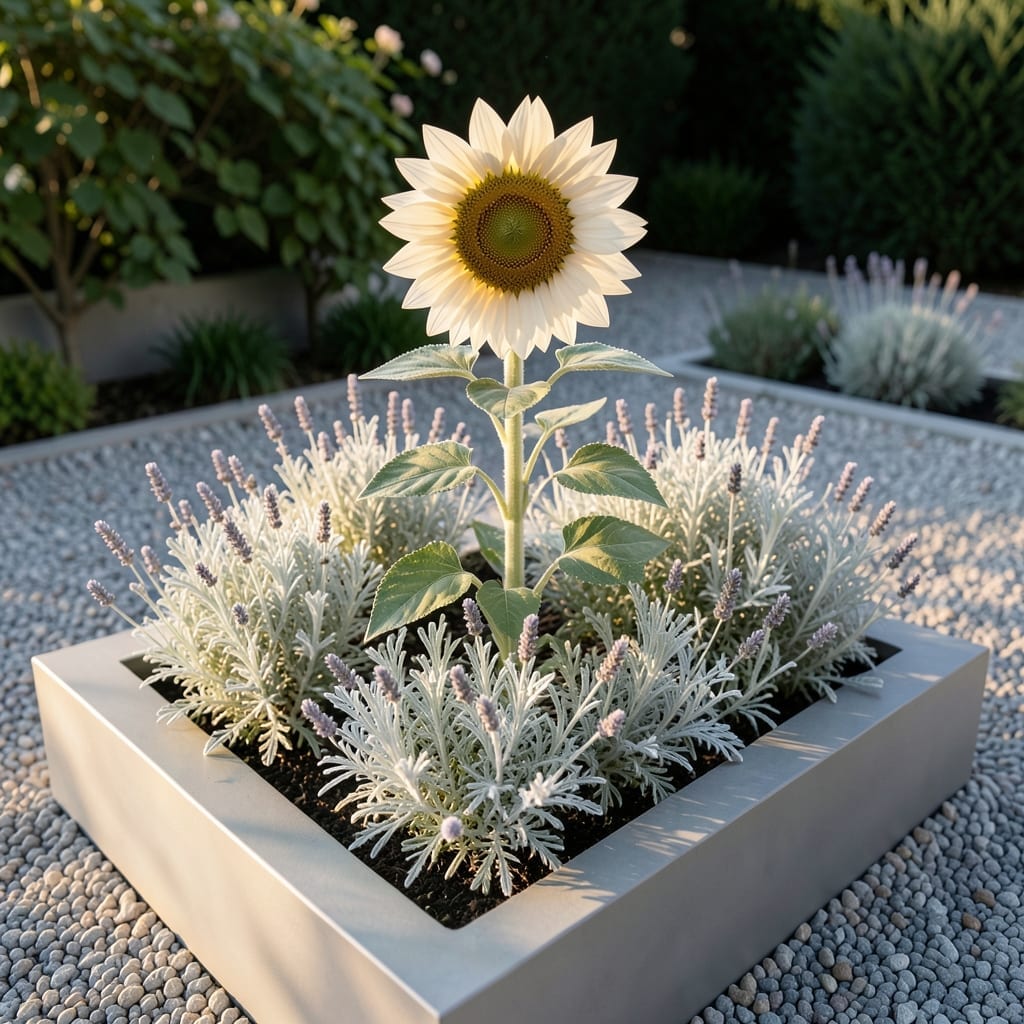 Italian White Sunflower with Silver Frost Lavender