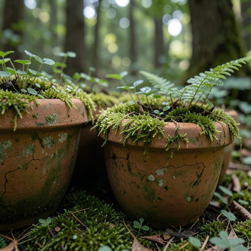 Moss-Covered Terracotta Pots