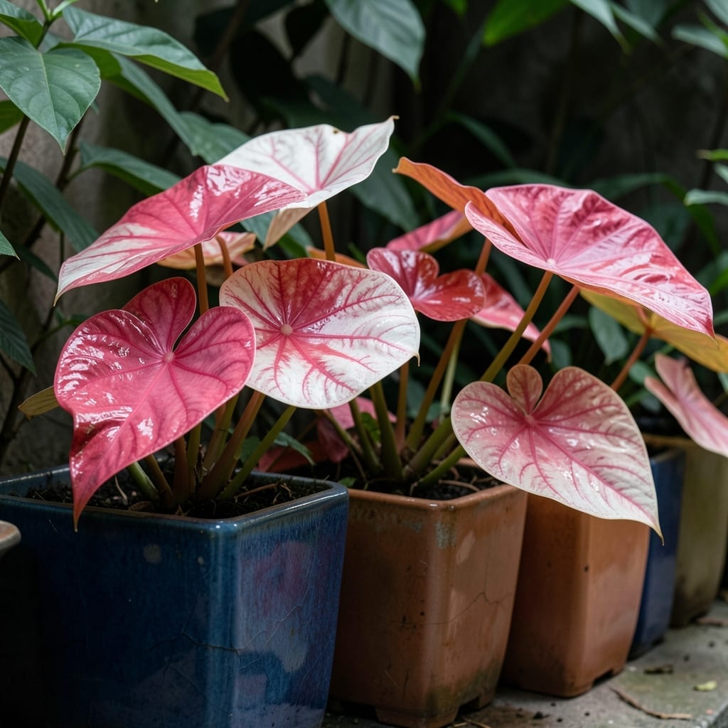 Caladiums in Colorful Ceramic Boxes