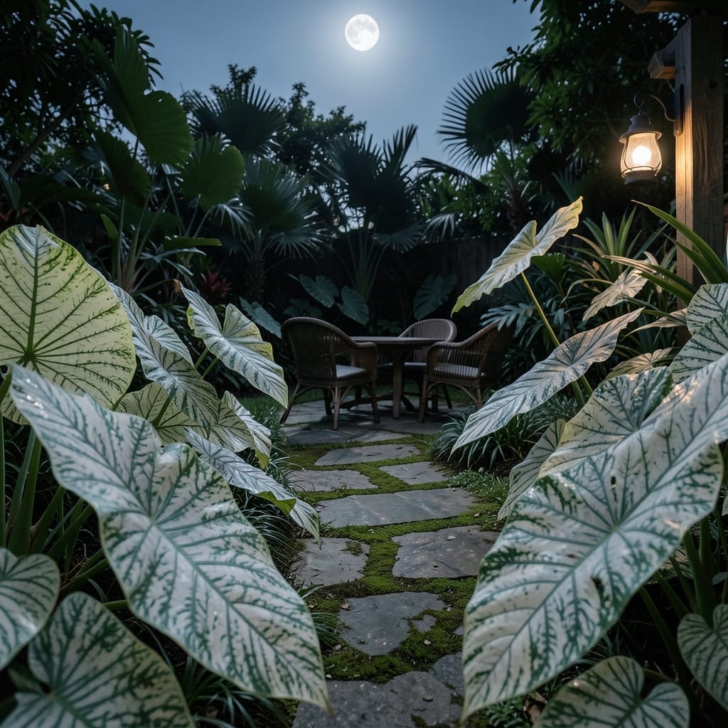 Moonlight Garden With White Elephant Ears