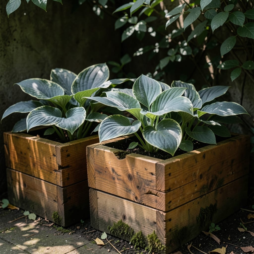 Hostas in Cedar Wood Boxes