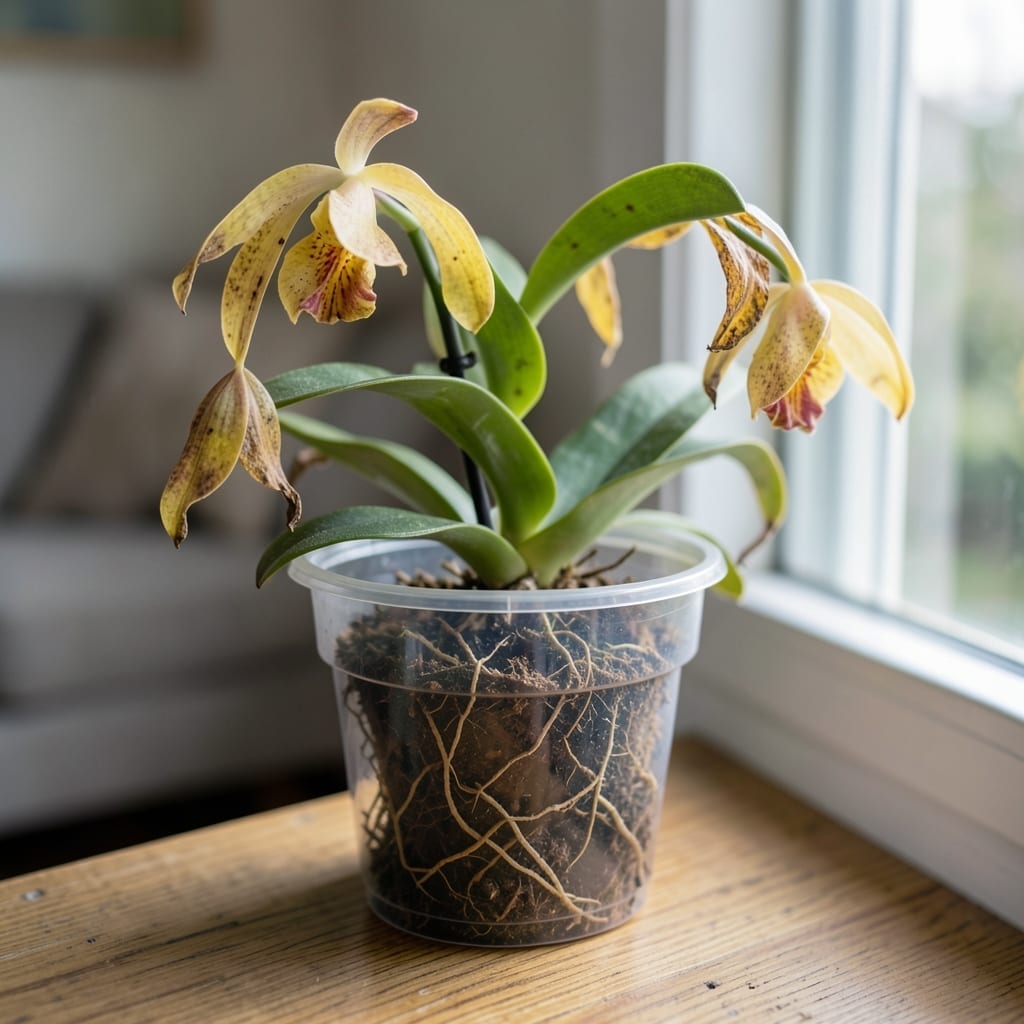 Overwatered Orchid Flower: Yellowing Leaves and Root Rot Revival Overwatered Orchid Flower: Yellowing Leaves and Root Rot Revival