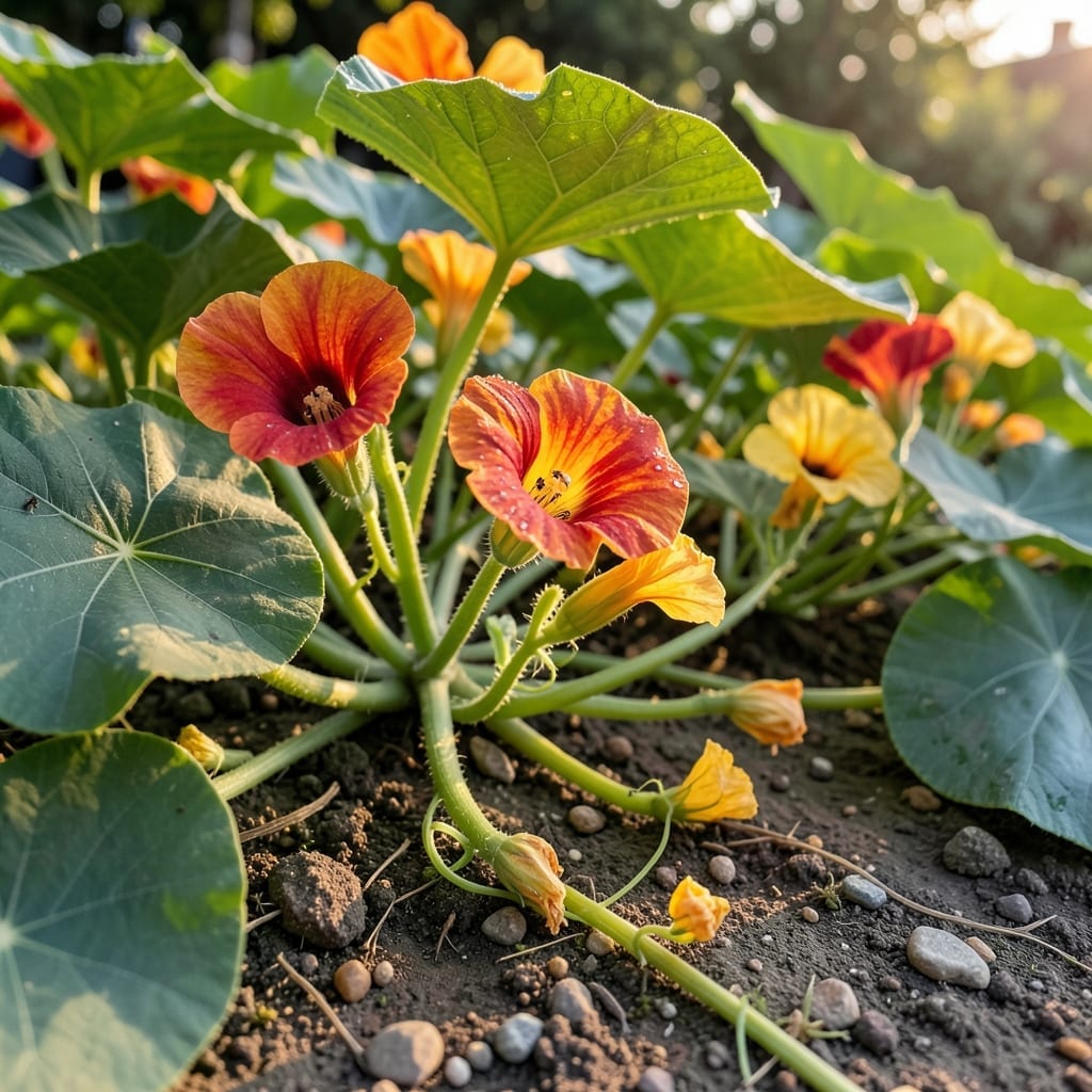 Nasturtiums with Squash Plants