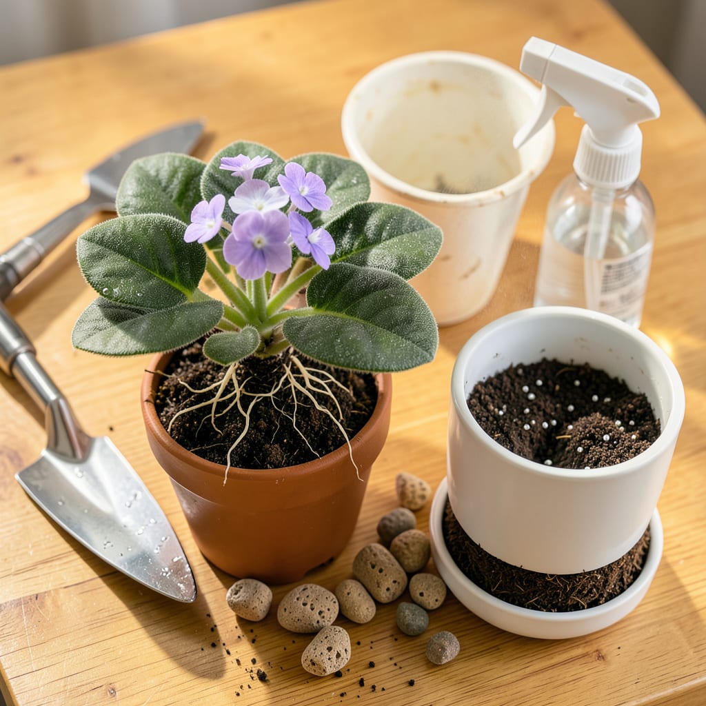 African Violets Transplanting: The Foolproof Method for Thriving Blooms illustration with key details