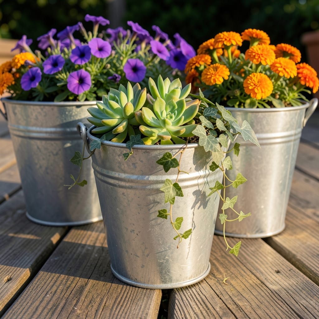 Galvanized Metal Bucket Planters