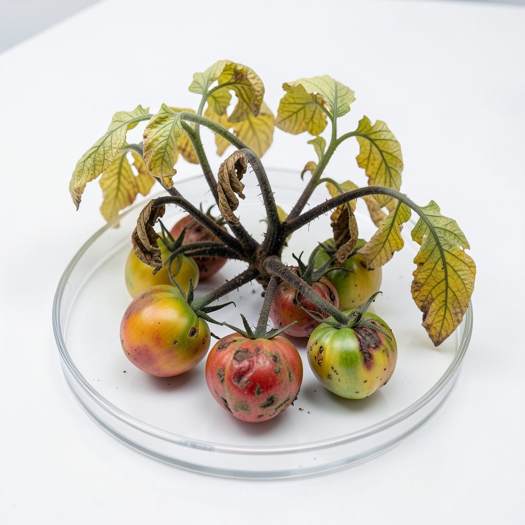 Visual representation of Bacterial Wilt of Tomato: Rapid Wilting and Stem Discoloration Clues