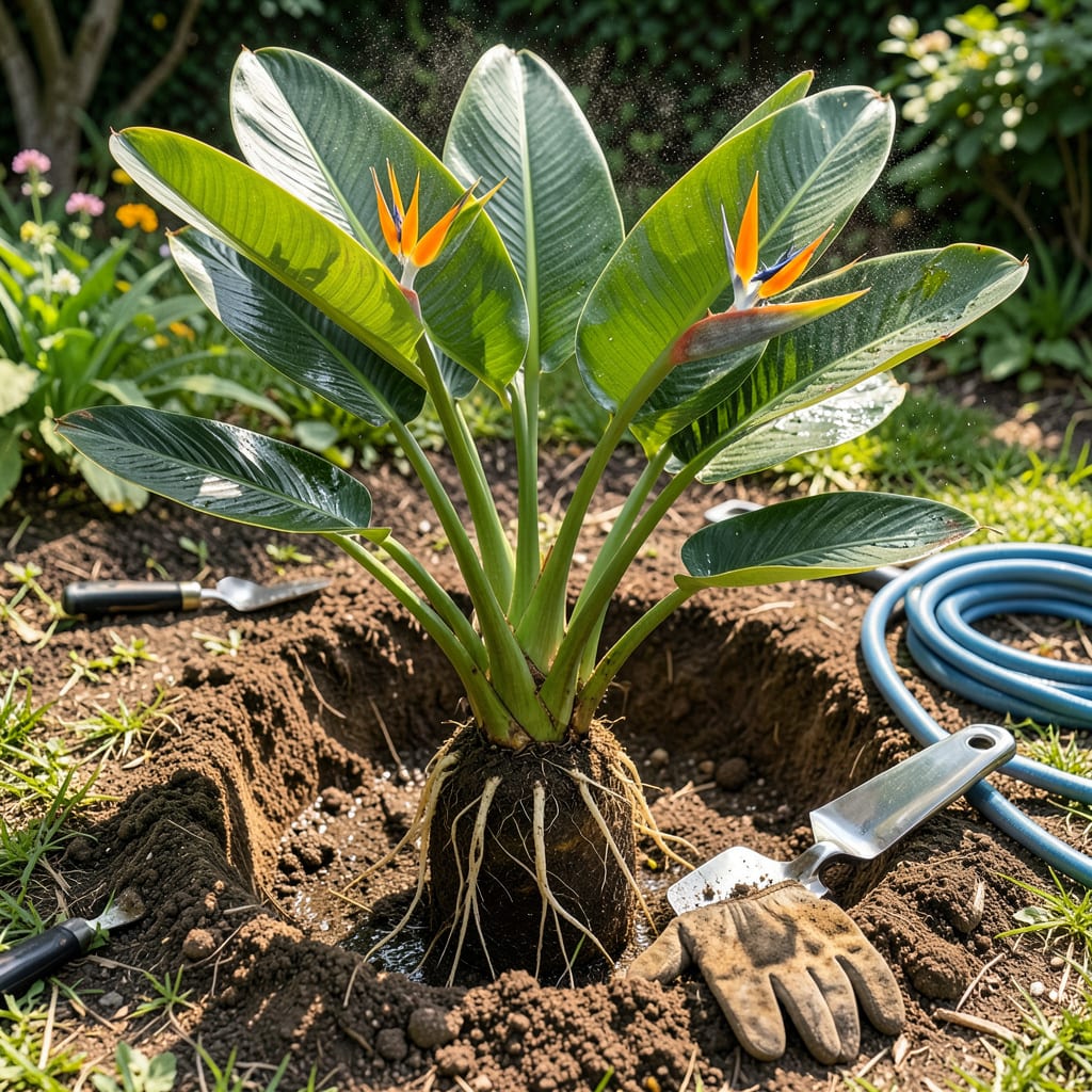 Bird of Paradise Transplant Guide: Root Safe Relocation for Thriving Growth illustration with key details