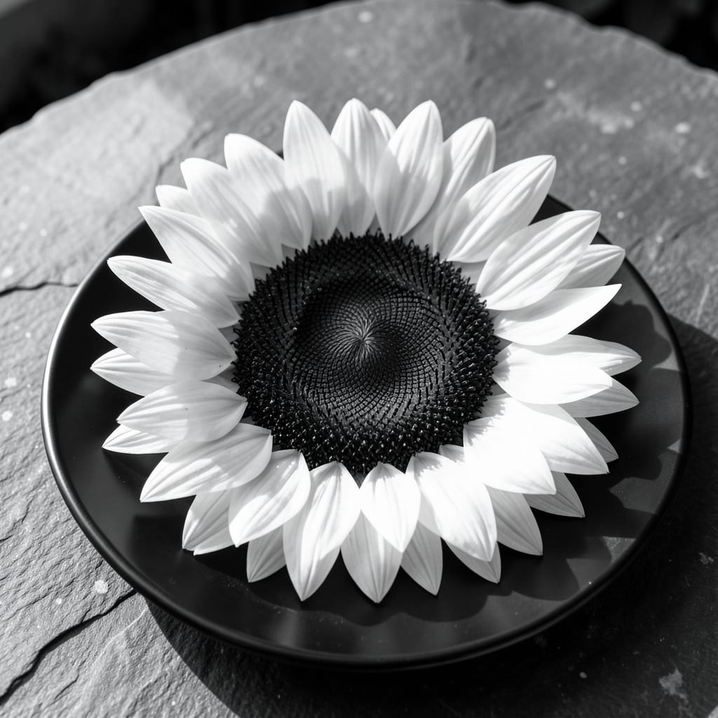black and white sunflower illustration with key details