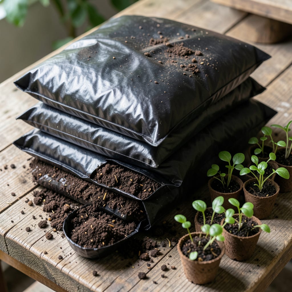Black Earth Compost Bags: Nutrient Rich Soil Booster for Gardens illustration with key details