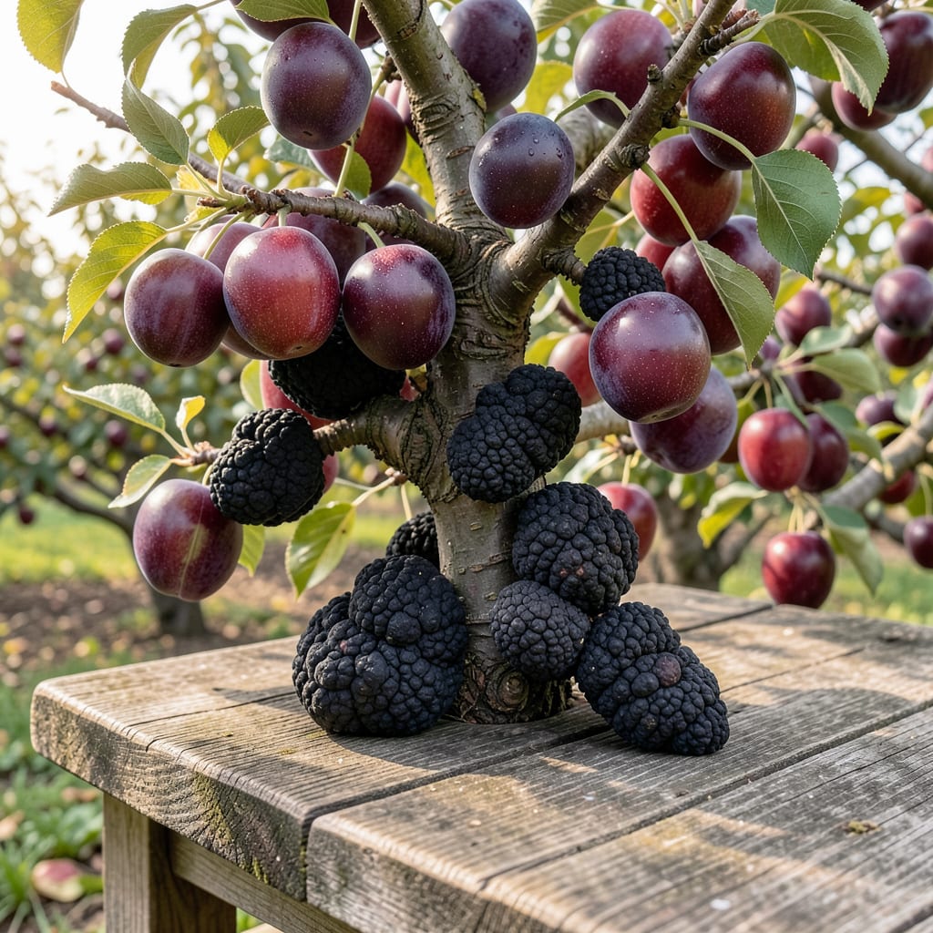 Visual representation of black knot fungus plum tree