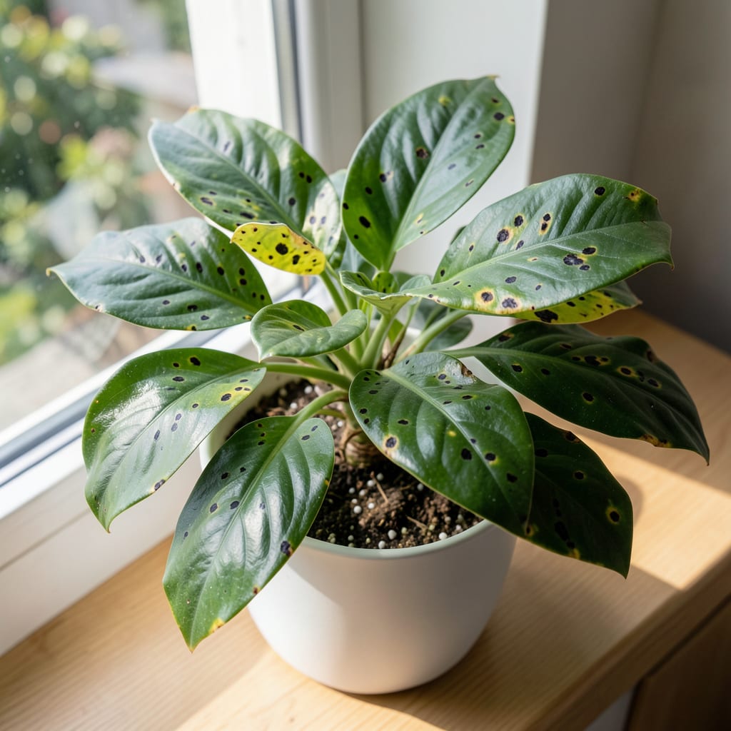 Complete black spots on plant leaves overview image