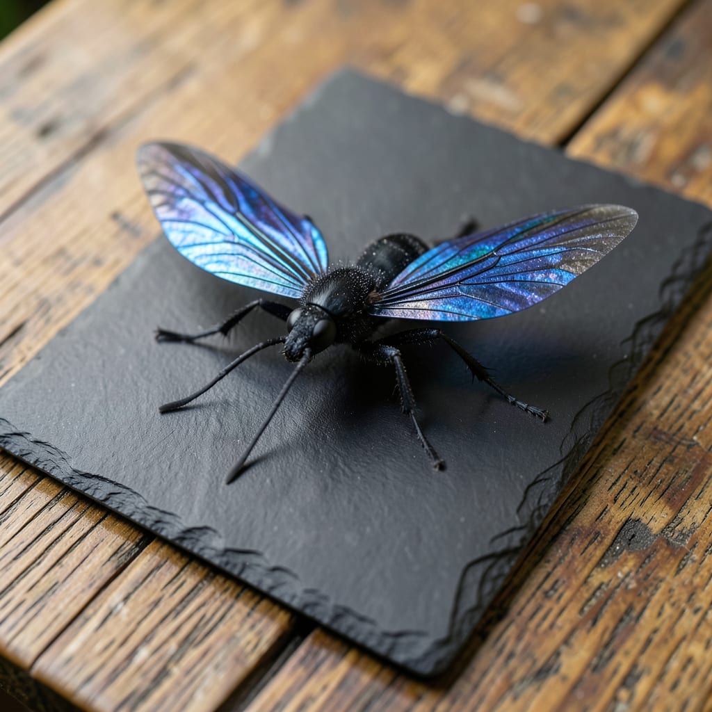 Complete blue black flying insect overview image