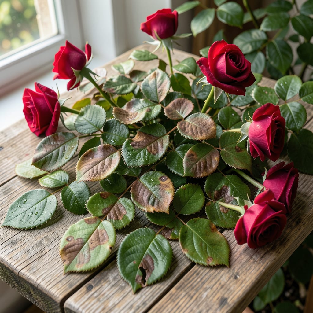 Brown Patches on Rose Leaves: Fungal Spots and Natural Recovery Methods example with annotations
