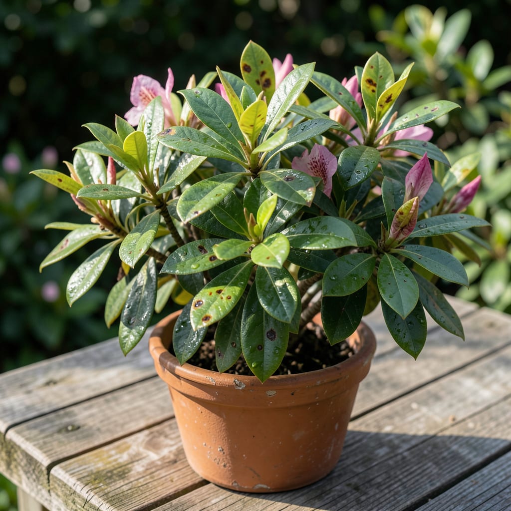 brown spots on azalea leaves example with annotations