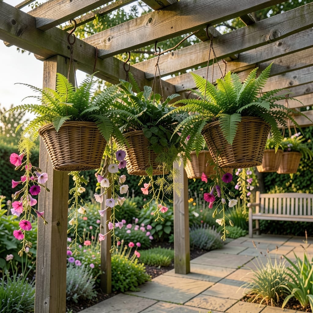 Hanging Basket Ferns and Flowers
