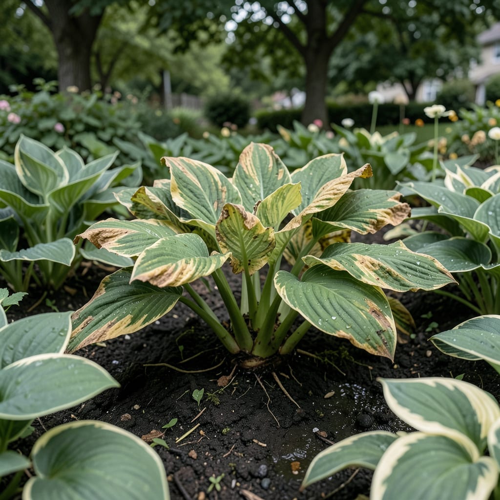 Visual representation of Crown Rot in Hostas: Early Detection and Organic Control Methods