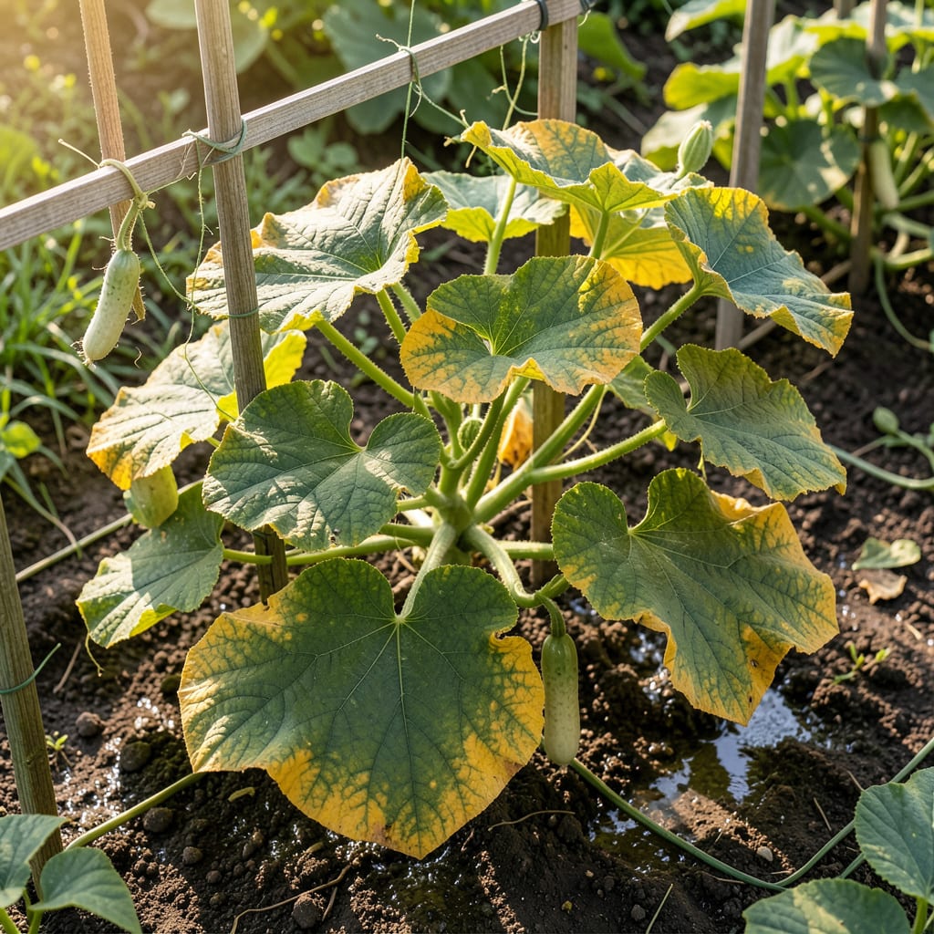 Cucumber Leaves Going Yellow: Watering and Light Balance Solutions example with annotations