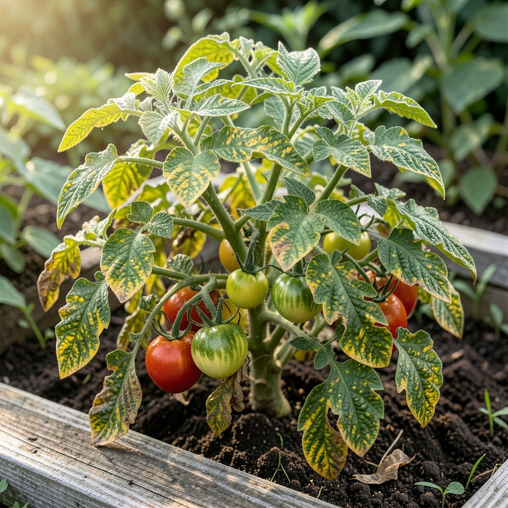Visual representation of Cucumber Mosaic Virus on Tomato Plants: Visual Diagnosis and Copper Treatment Guide