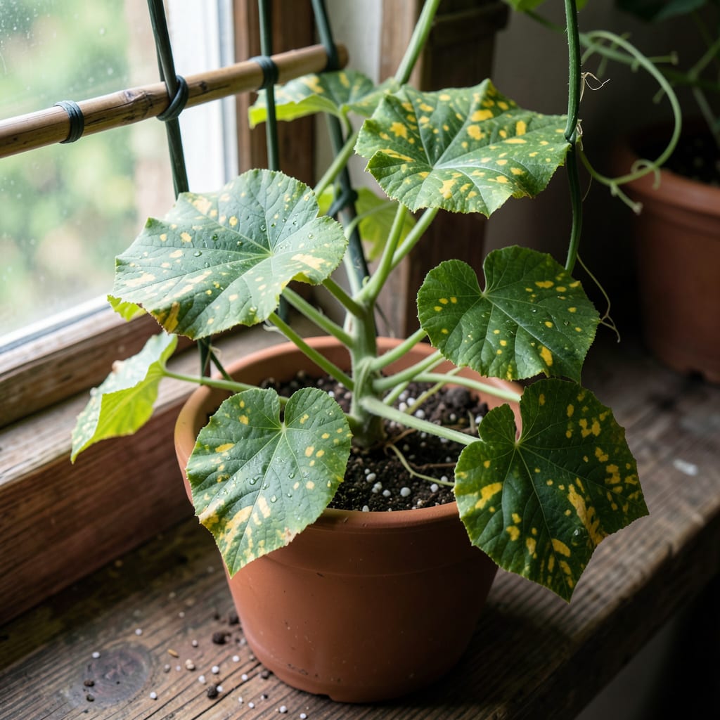 Cucumber Plant Has Yellow Spots on Leaves: Nutrient Deficiency or Fungal Infection Signs example with annotations