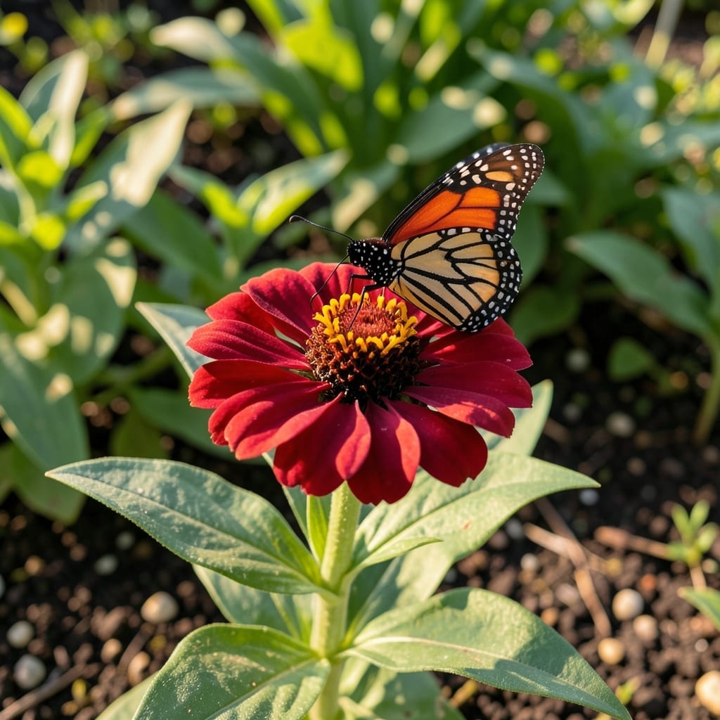 Red Flower With Butterfly: Pollinator-Friendly Garden Showcase