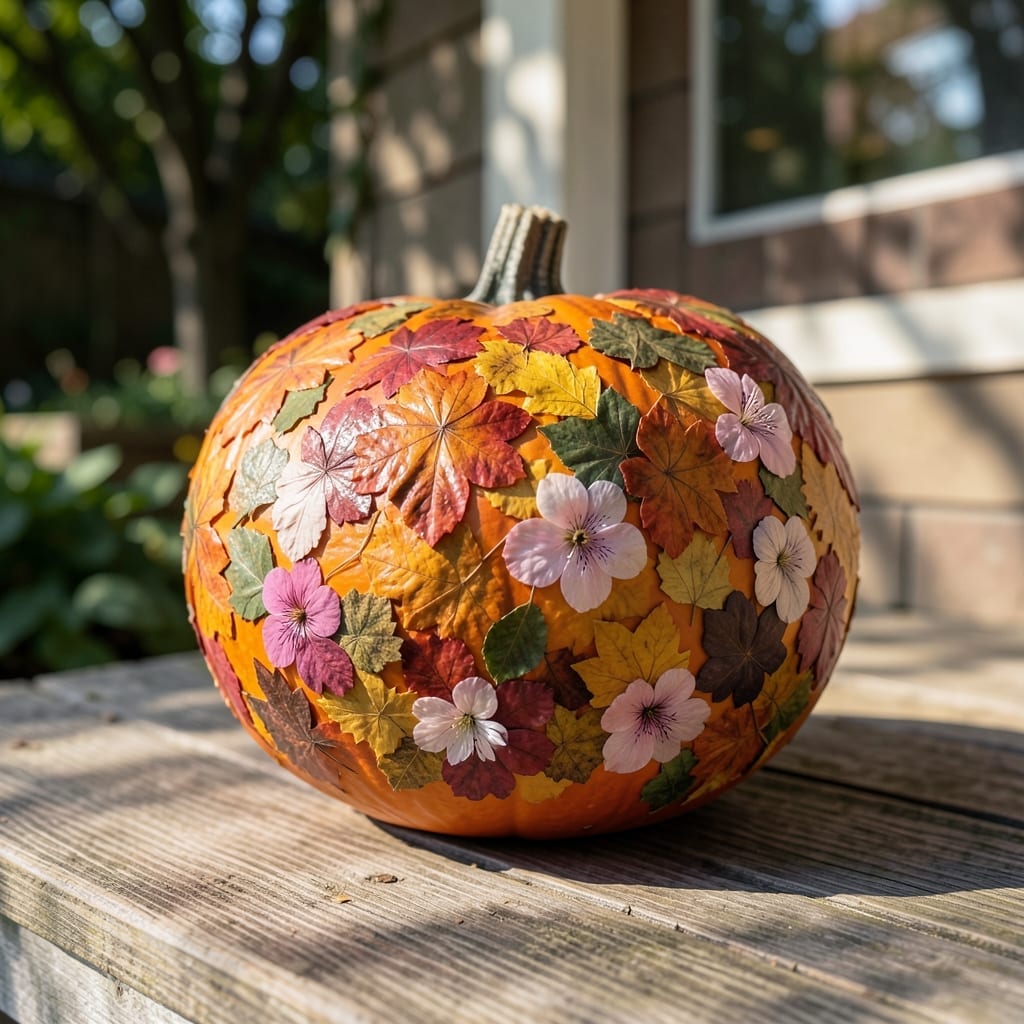 Mosaic Pumpkin with Pressed Flowers