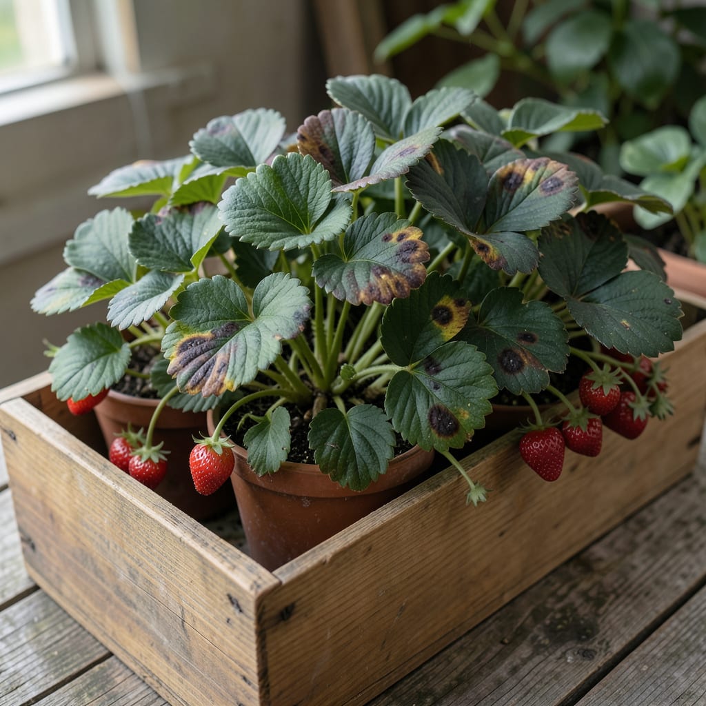 Comprehensive dark spots on strawberry leaves visual reference