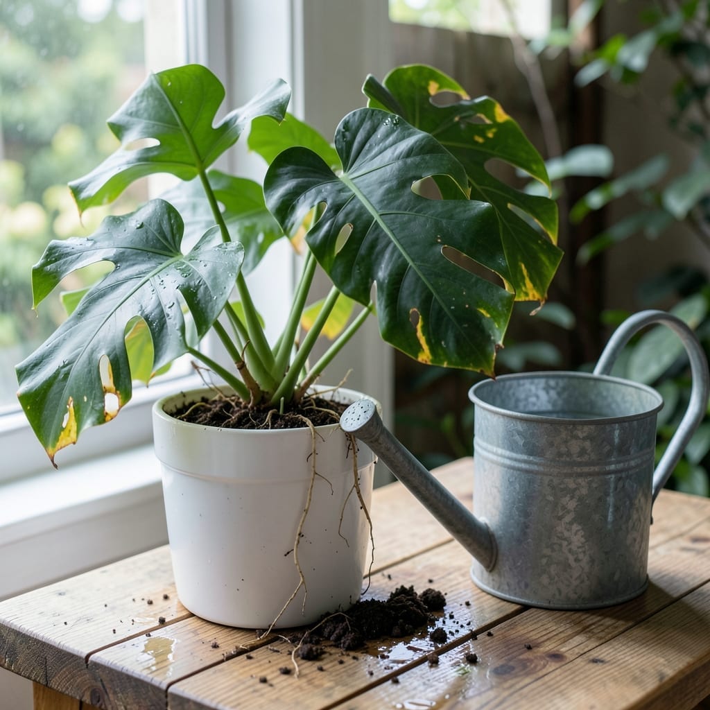 Overwatered Swiss Cheese Plant: Yellow Leaves and Root Rot Fixes Overwatered Swiss Cheese Plant: Yellow Leaves and Root Rot Fixes