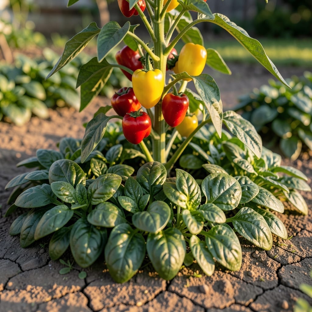 Peppers with Spinach Ground Cover