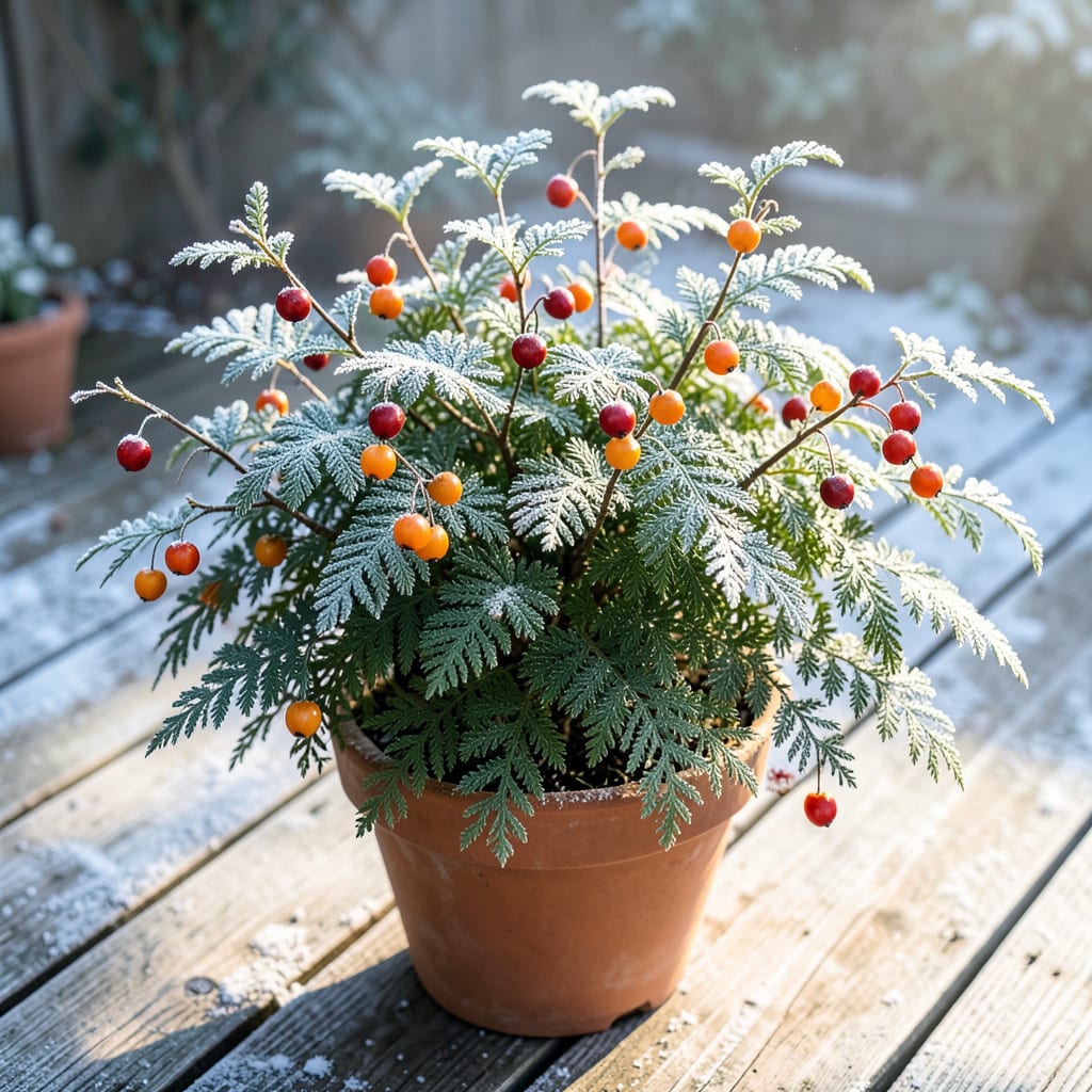 Fern Leaf Buckthorn in Winter: Vibrant Red Berries Against Snow detailed visual guide