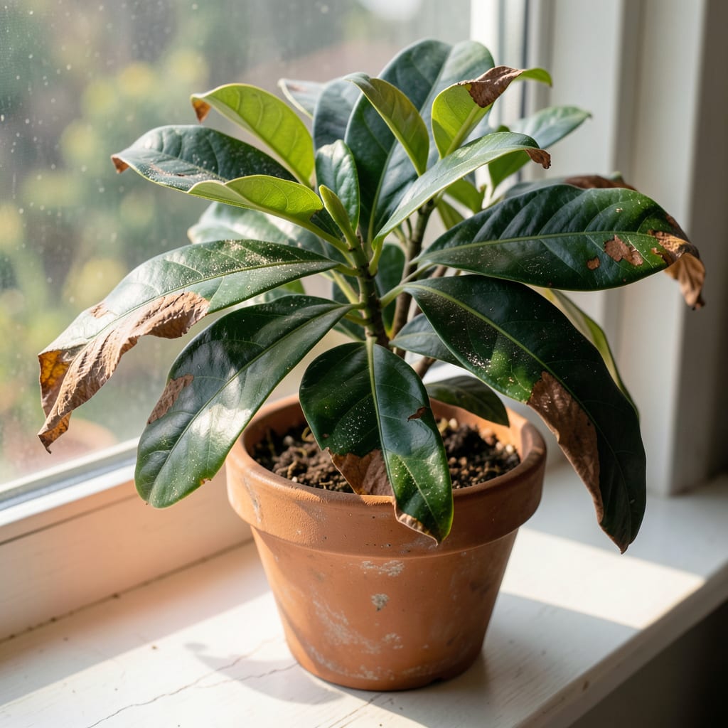 Visual representation of gardenia plant leaves turning brown