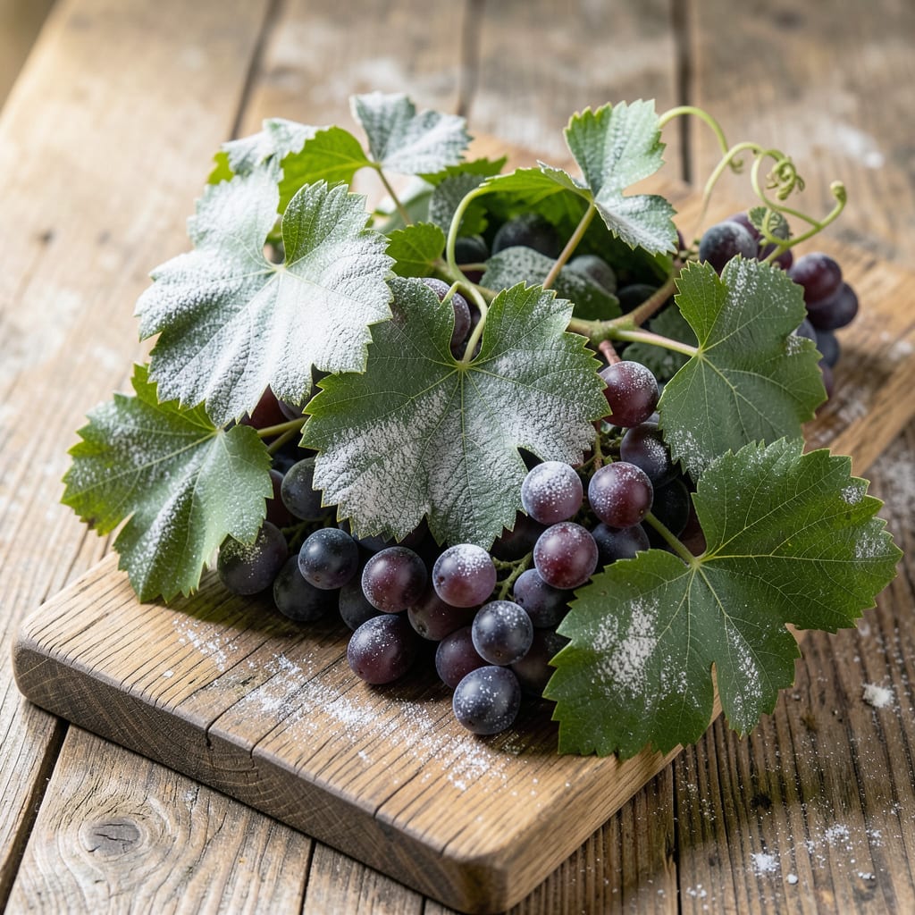 Grape Vine Powdery Mildew: White Fungal Coating and Treatment example with annotations
