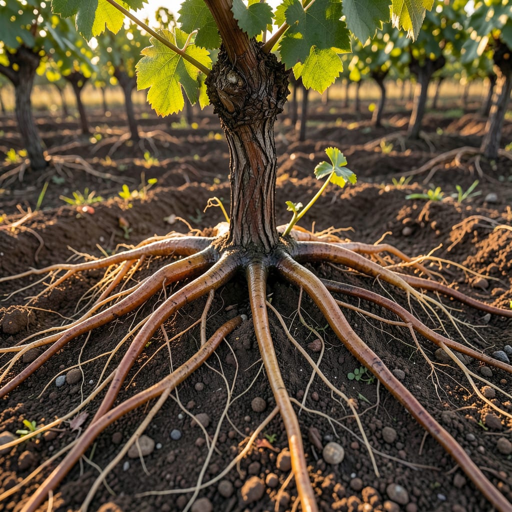 grape vine root system illustration with key details
