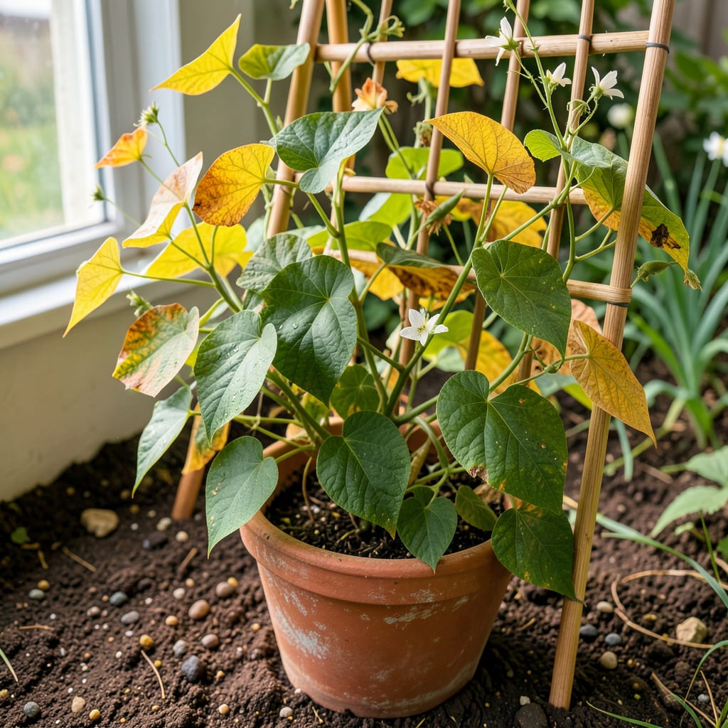 green bean plant leaves turning yellow illustration with key details