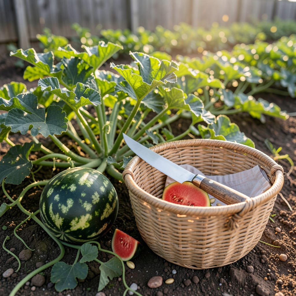How to Know When to Pick a Watermelon Off the Vine: The Tendril Curl and Tap Test for Sweetness example with annotations