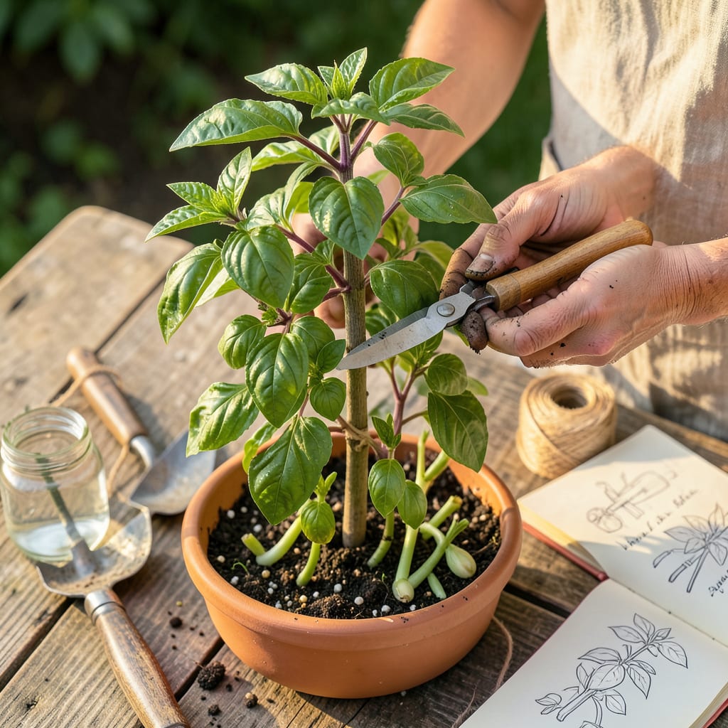 Visual representation of how to prune thai basil