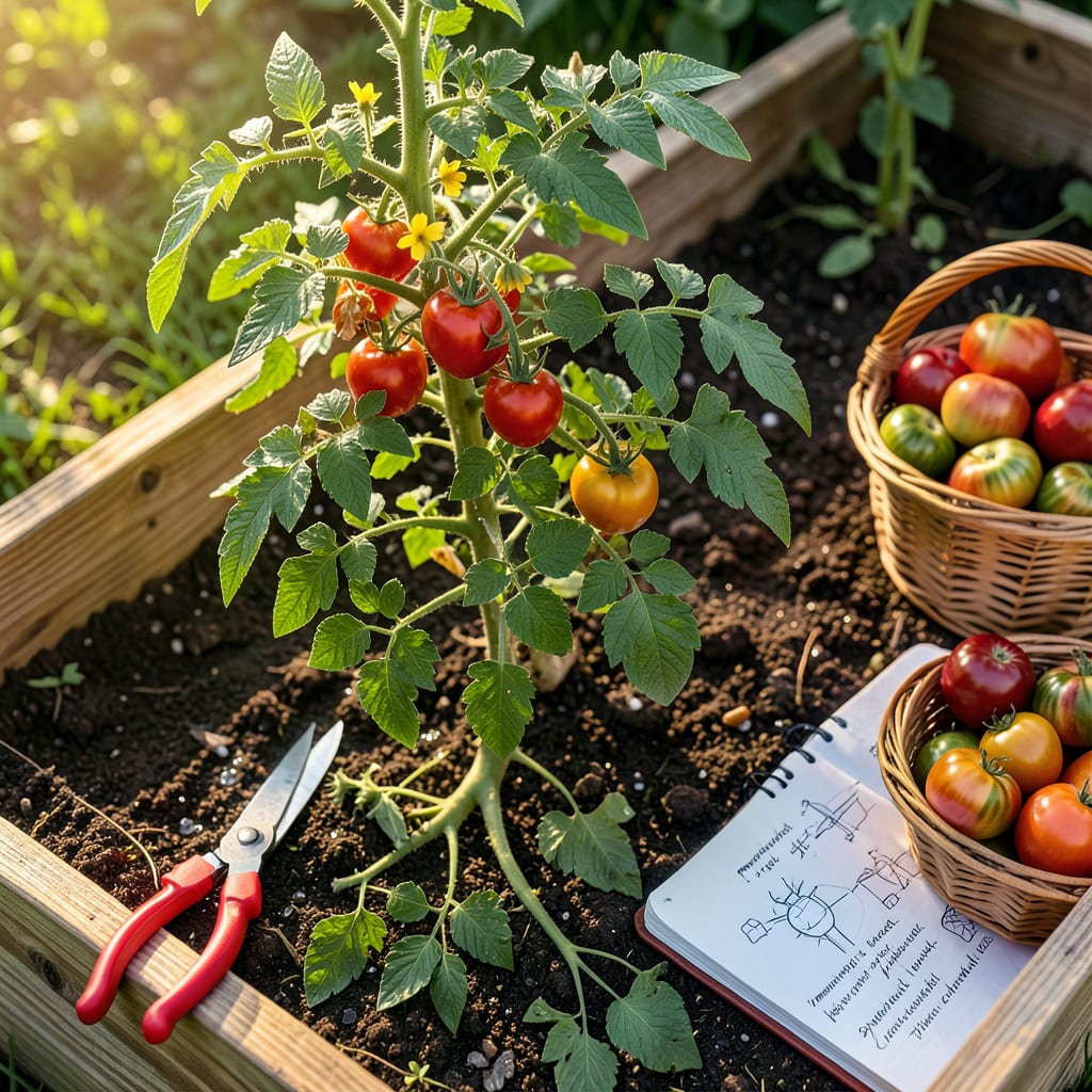 Visual representation of how to prune tomato plants for maximum yield