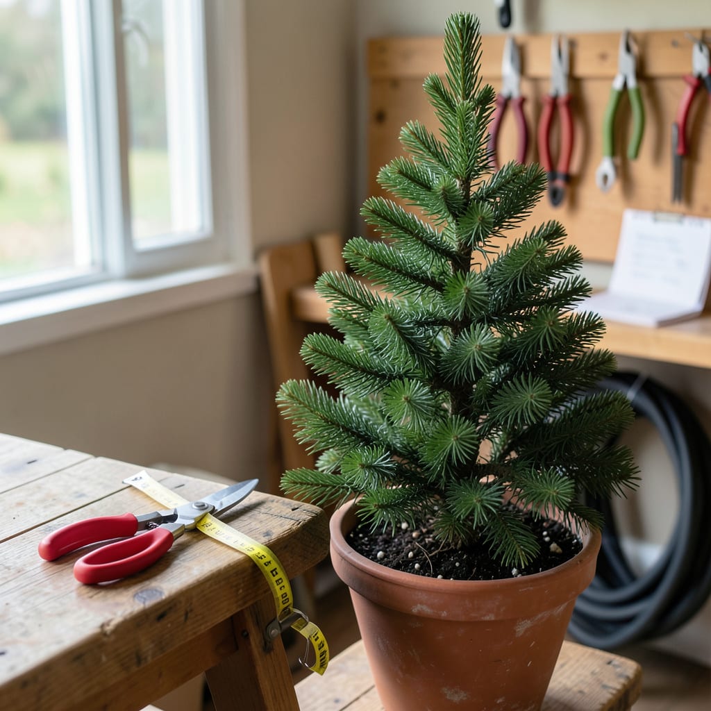 How to Stop a Christmas Tree Growing Too Tall: The Pinch Prune Method for Perfect Height example with annotations