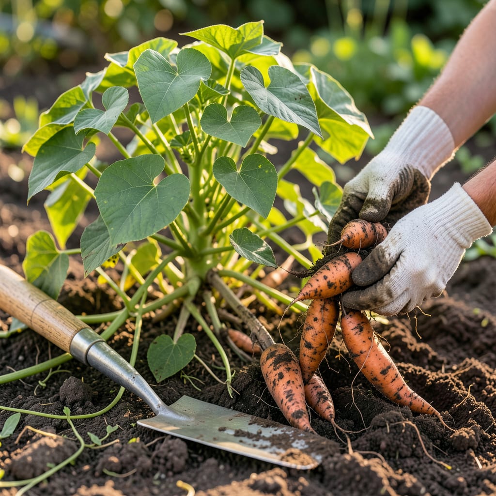 How to Tell If Sweet Potatoes Are Ready to Harvest: Leaf Yellowing and Soil Mound Clues illustration with key details