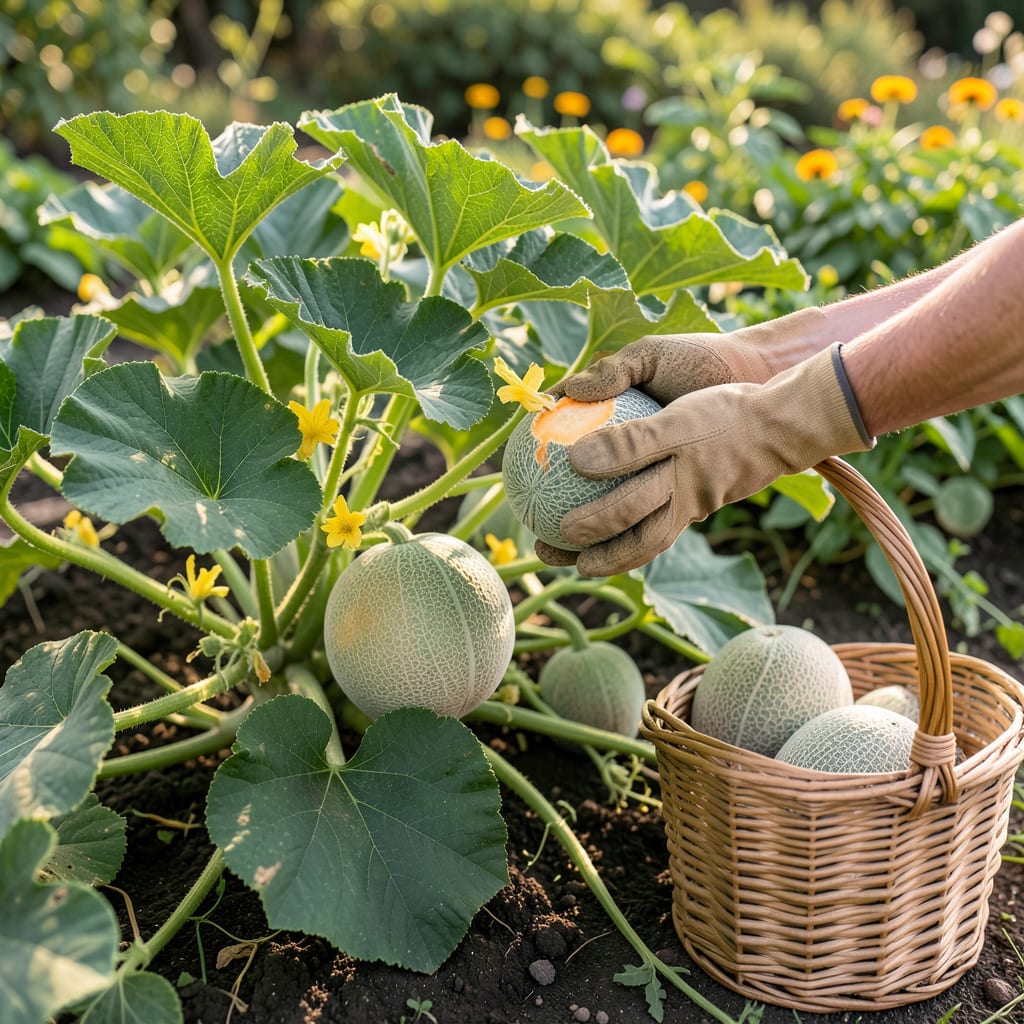 Visual representation of how to tell when to pick cantaloupe