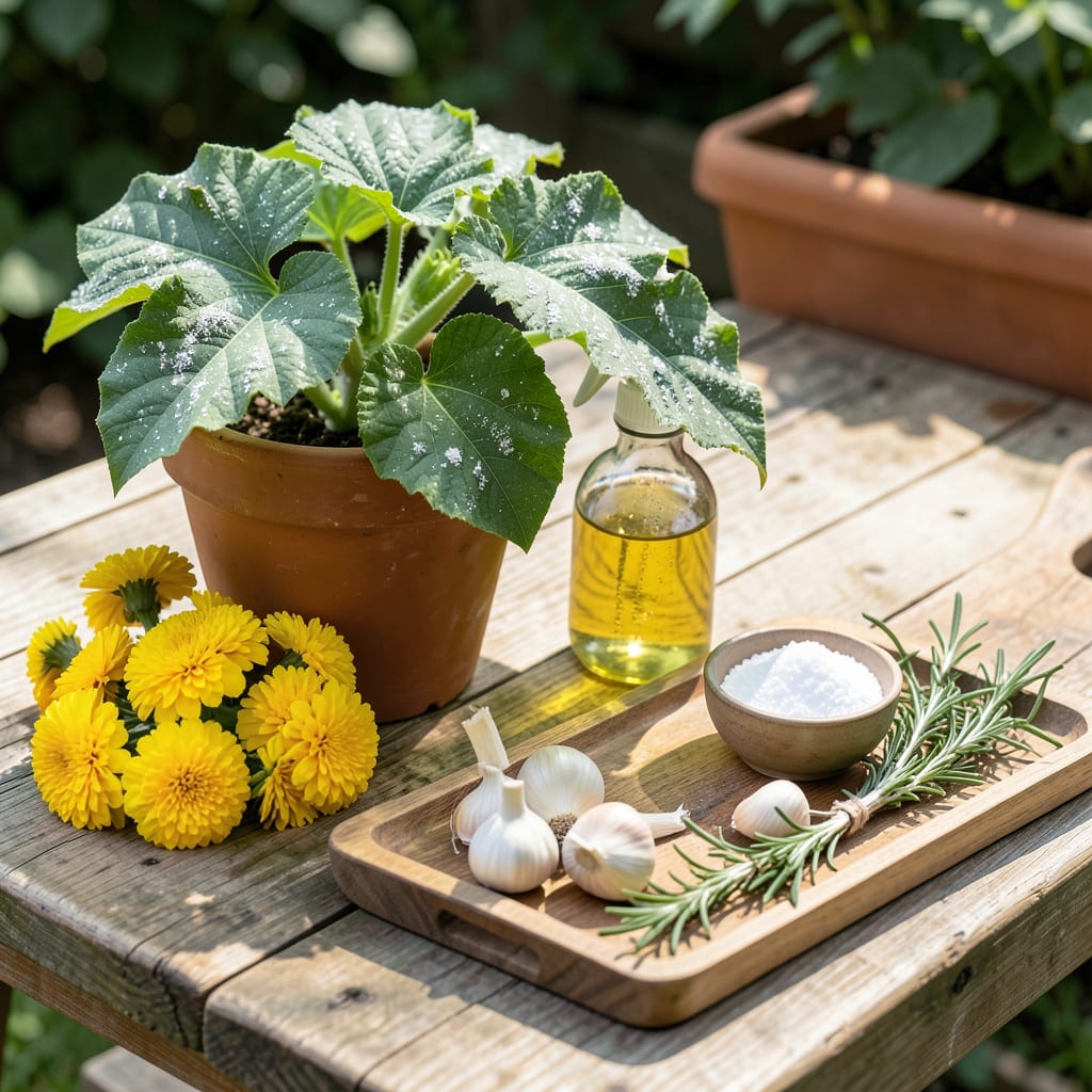 Visual representation of How to Treat Powdery Mildew on Zucchini: Neem Oil and Baking Soda Solution