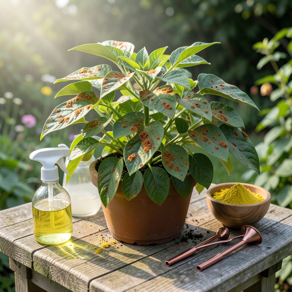 How to Treat Rust Fungus on Plants: Copper Spray and Cultural Controls example with annotations