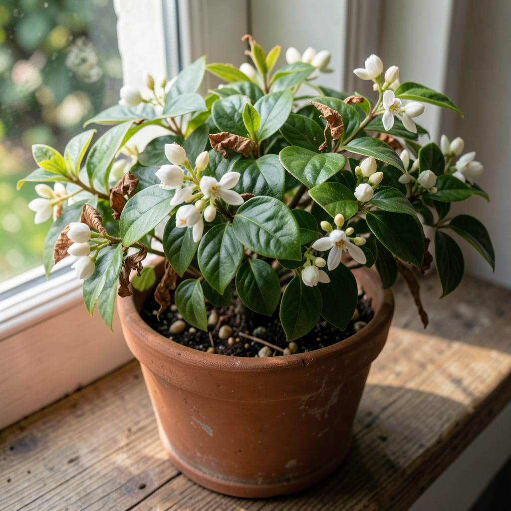 Jasmine Plant Leaves Turning Brown: Nutrient Deficiency and Leaf Care Tips example with annotations