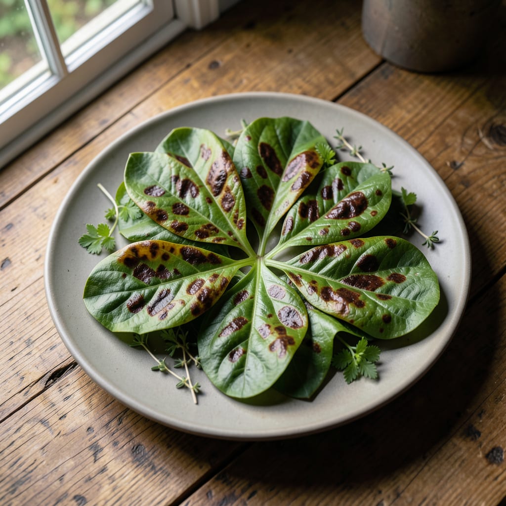 large brown spots on leaves example with annotations