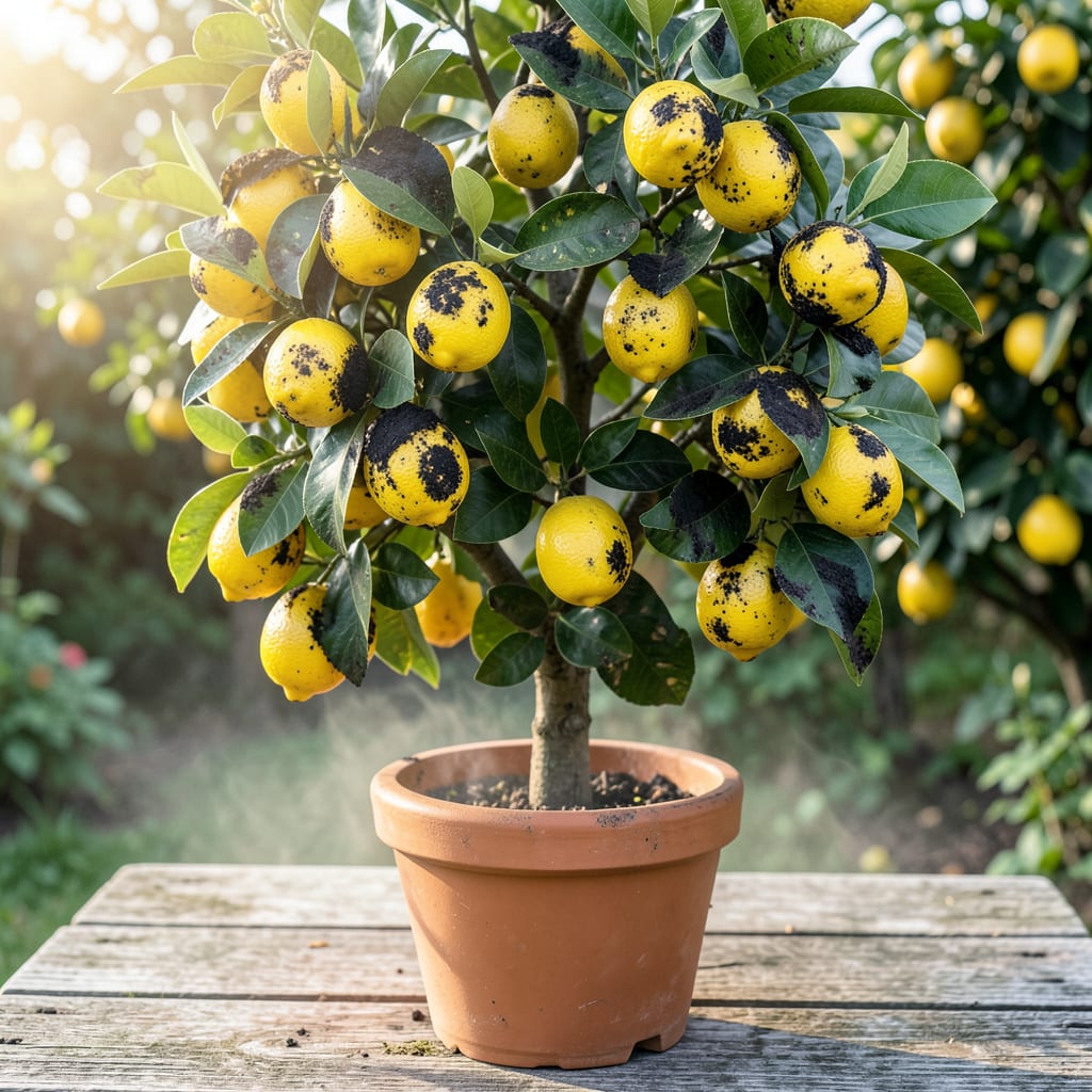 Lemon Tree Sooty Mold: Black Fungus from Sap Sucking Pests detailed visual guide