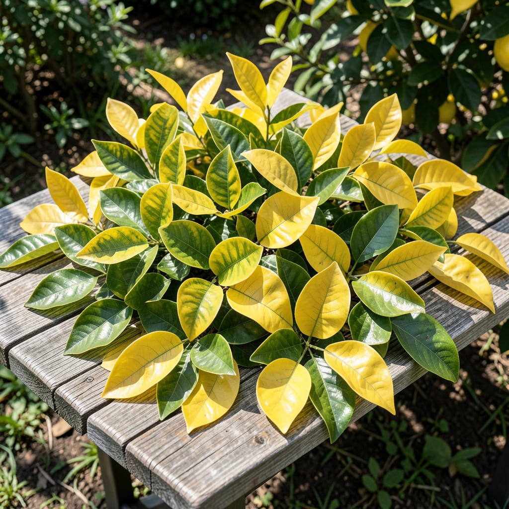 lemon tree yellow leaves green veins illustration with key details