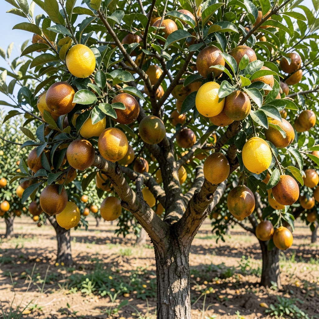 Lemons Going Brown on Tree: Environmental Stress and Remedy Guide example with annotations