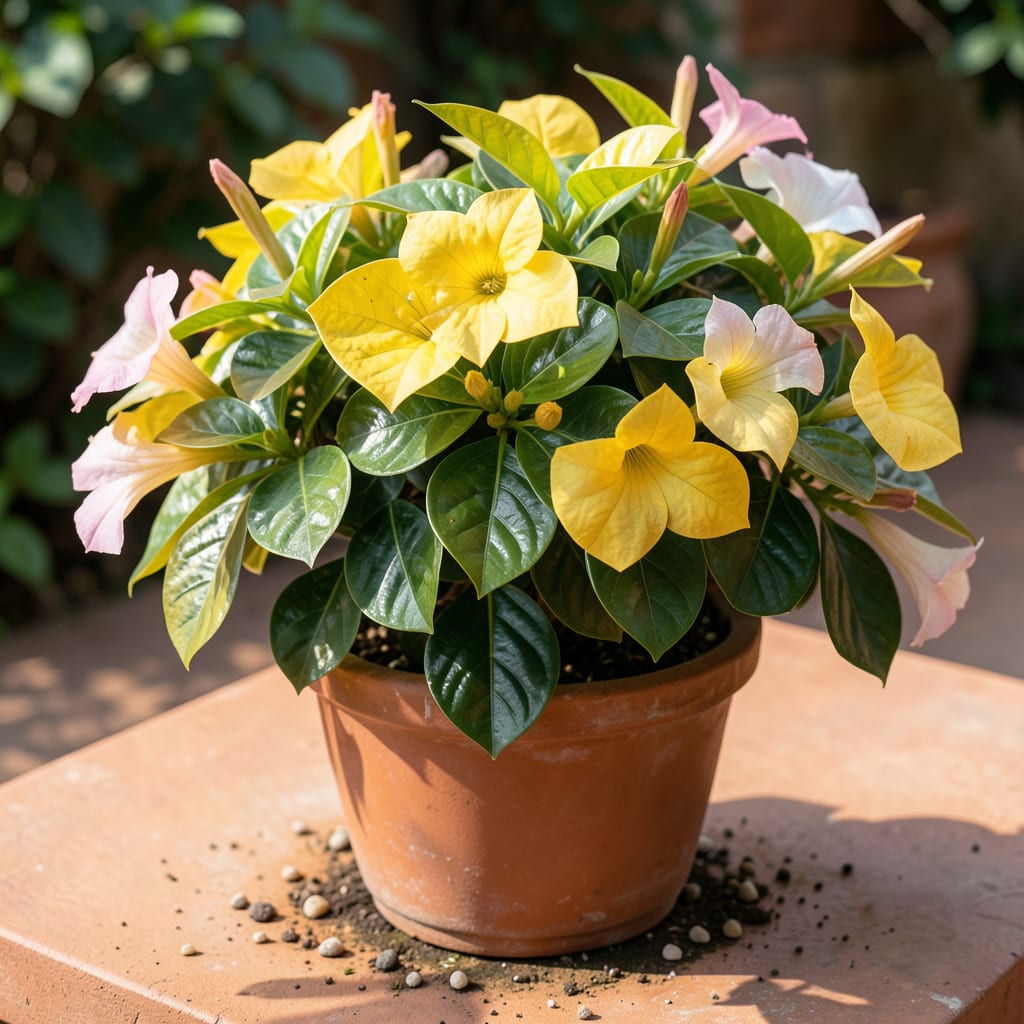 Visual representation of Mandevilla Plant Yellow Leaves: Overwatering and Sunlight Solutions